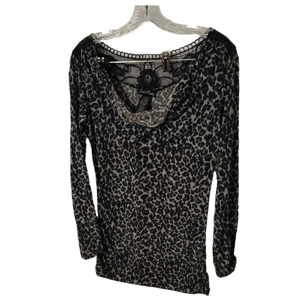 Susie Rose Gray Cheetah Print Cowl Neck Blouse Crochet Lace Yoke Large 11/13